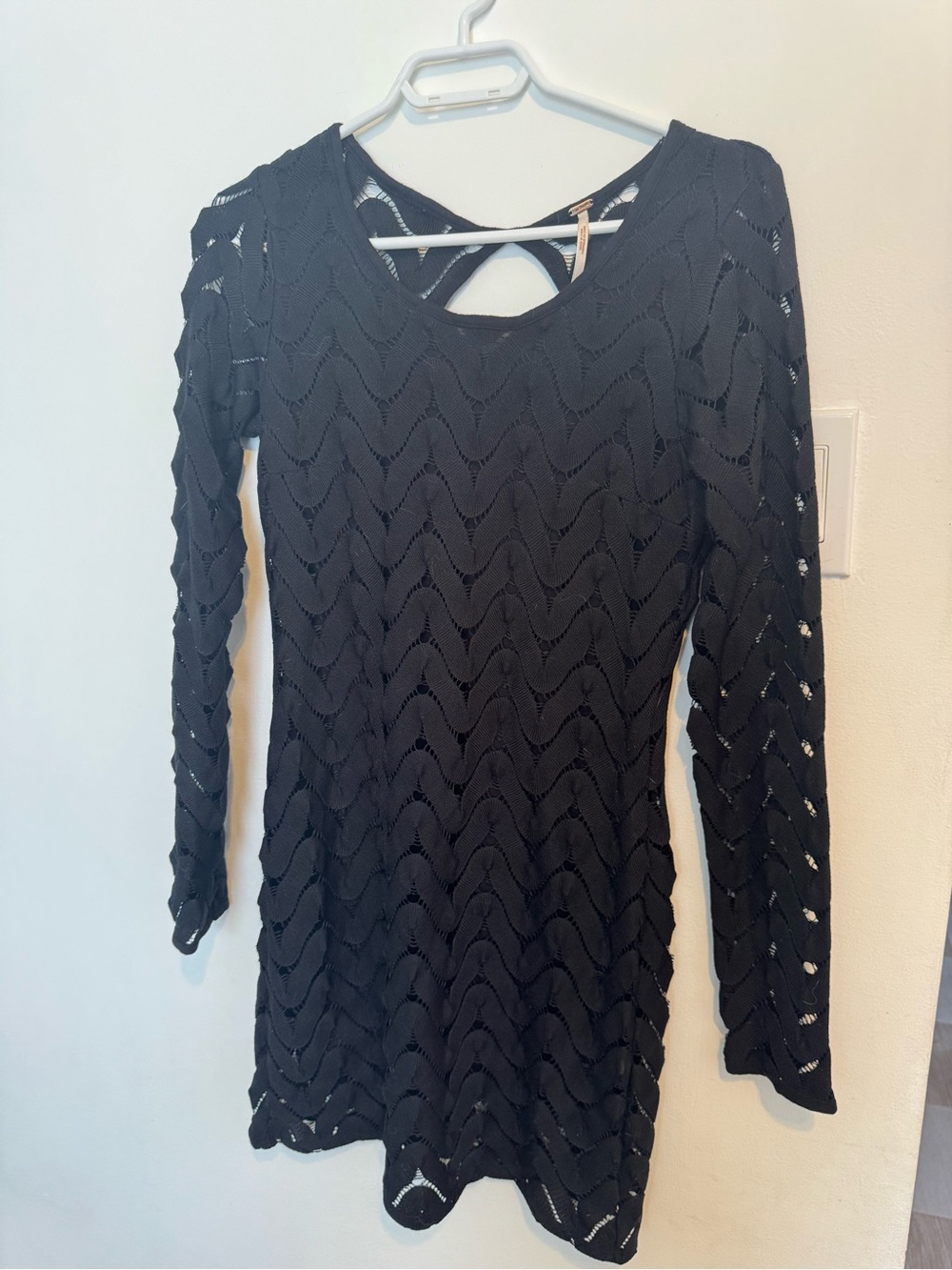Free People Black Crochet Sheer Knit Mini Dress With Open Back